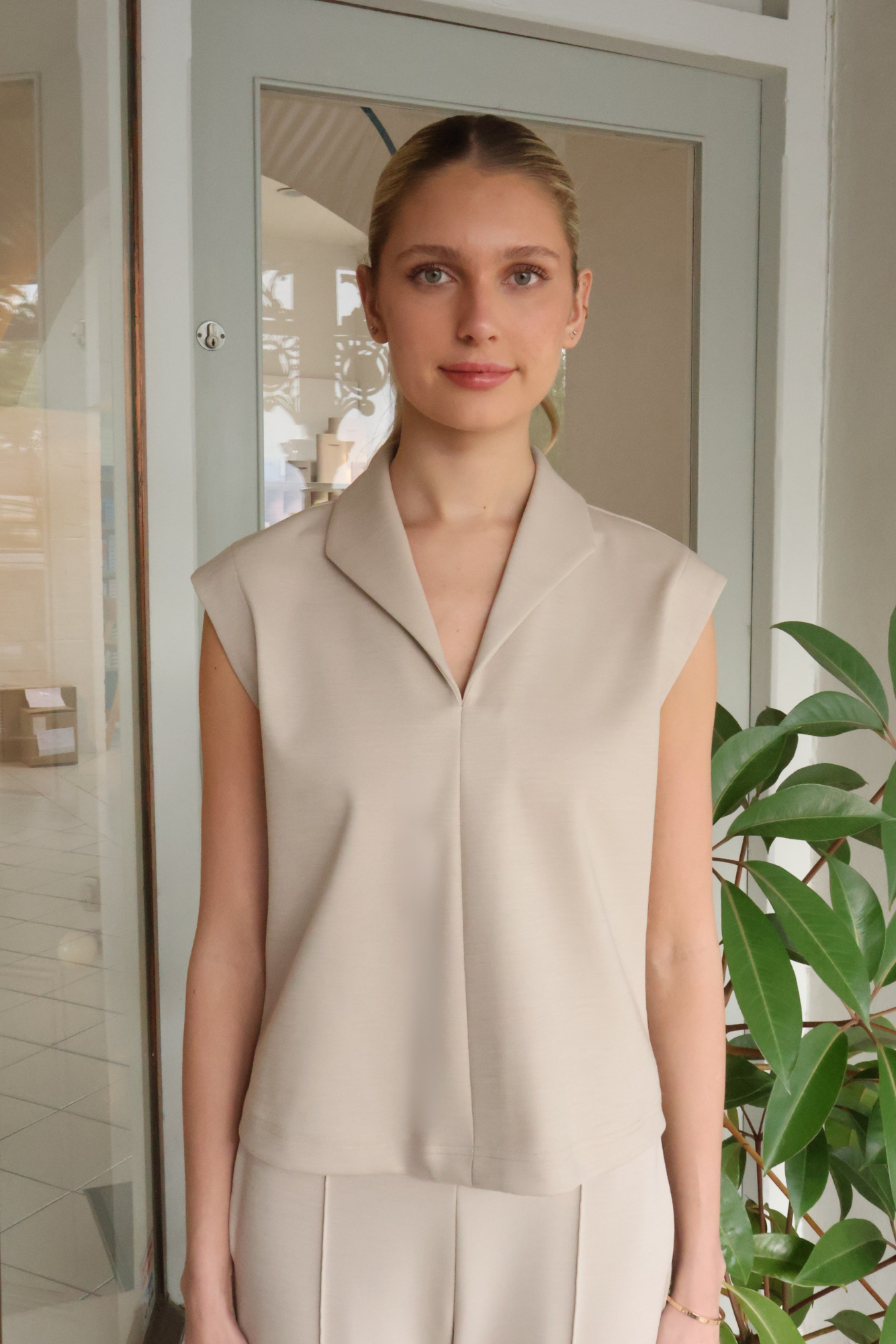Hunter Merino Wool Ponte Cap Sleeve Top Natural
