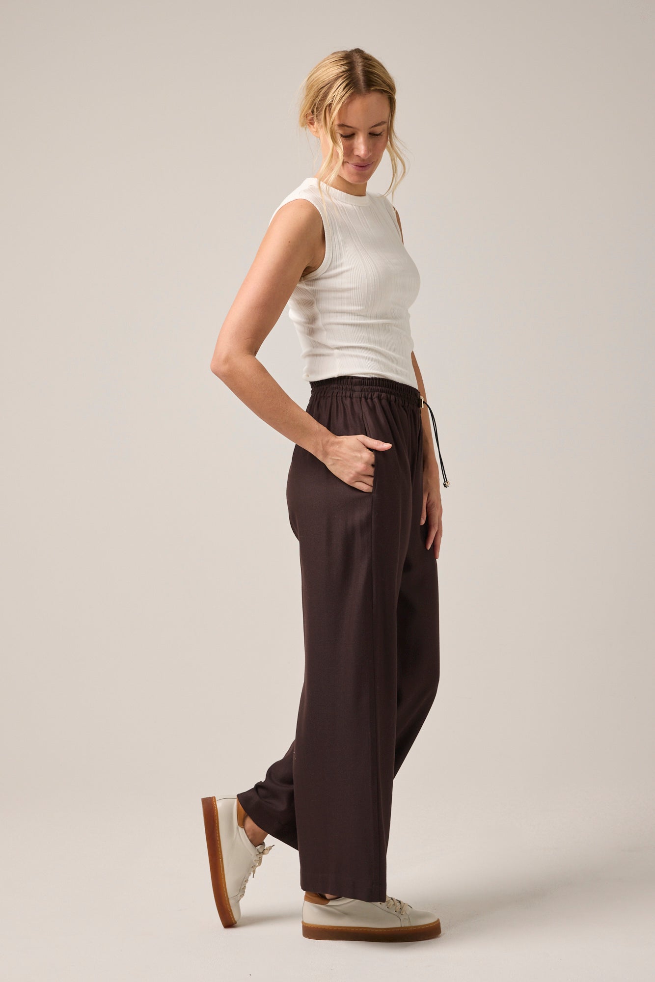 Lyndall Drawstring Wool/Linen Pant Espresso