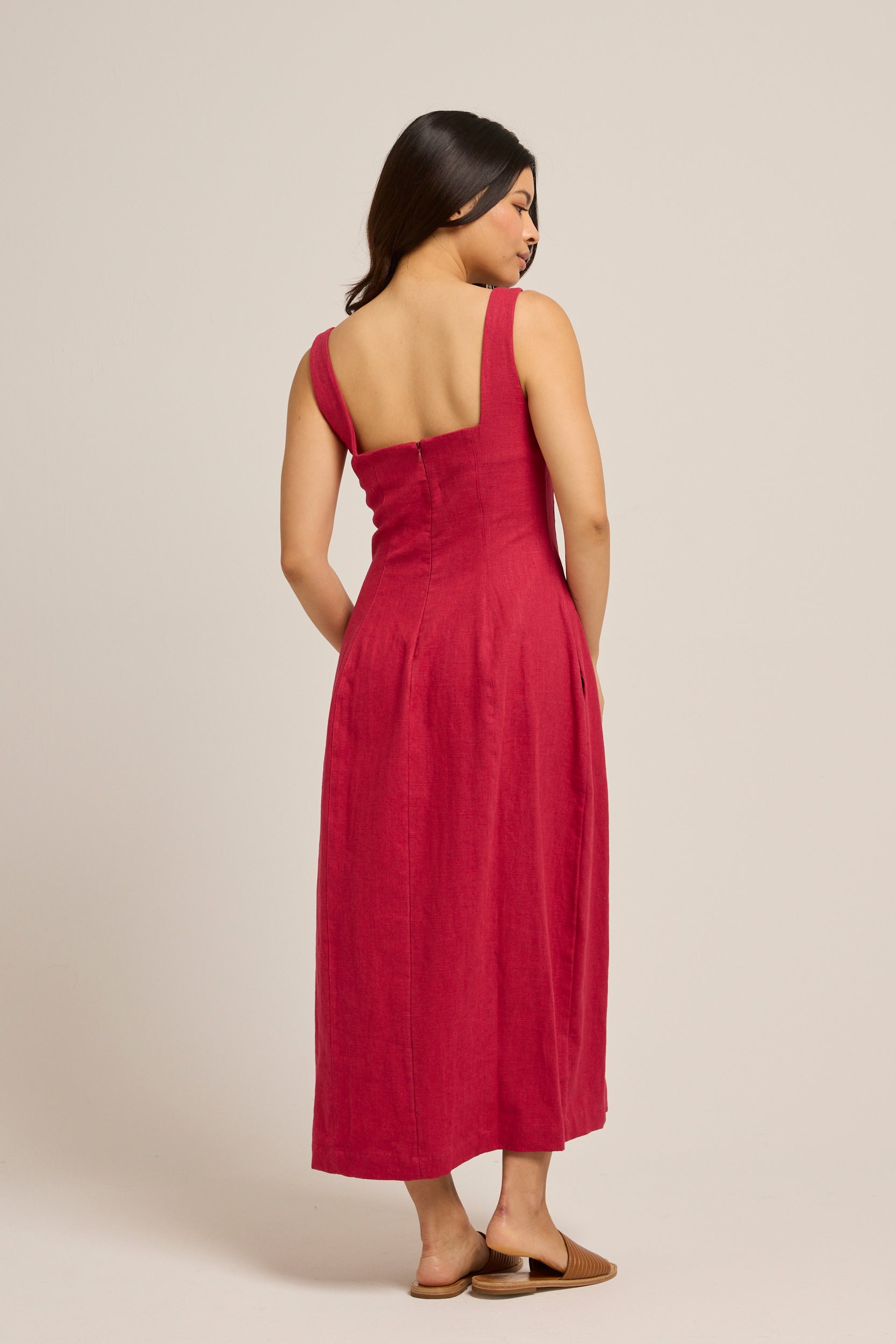Adelaide Linen Midi Dress Crimson