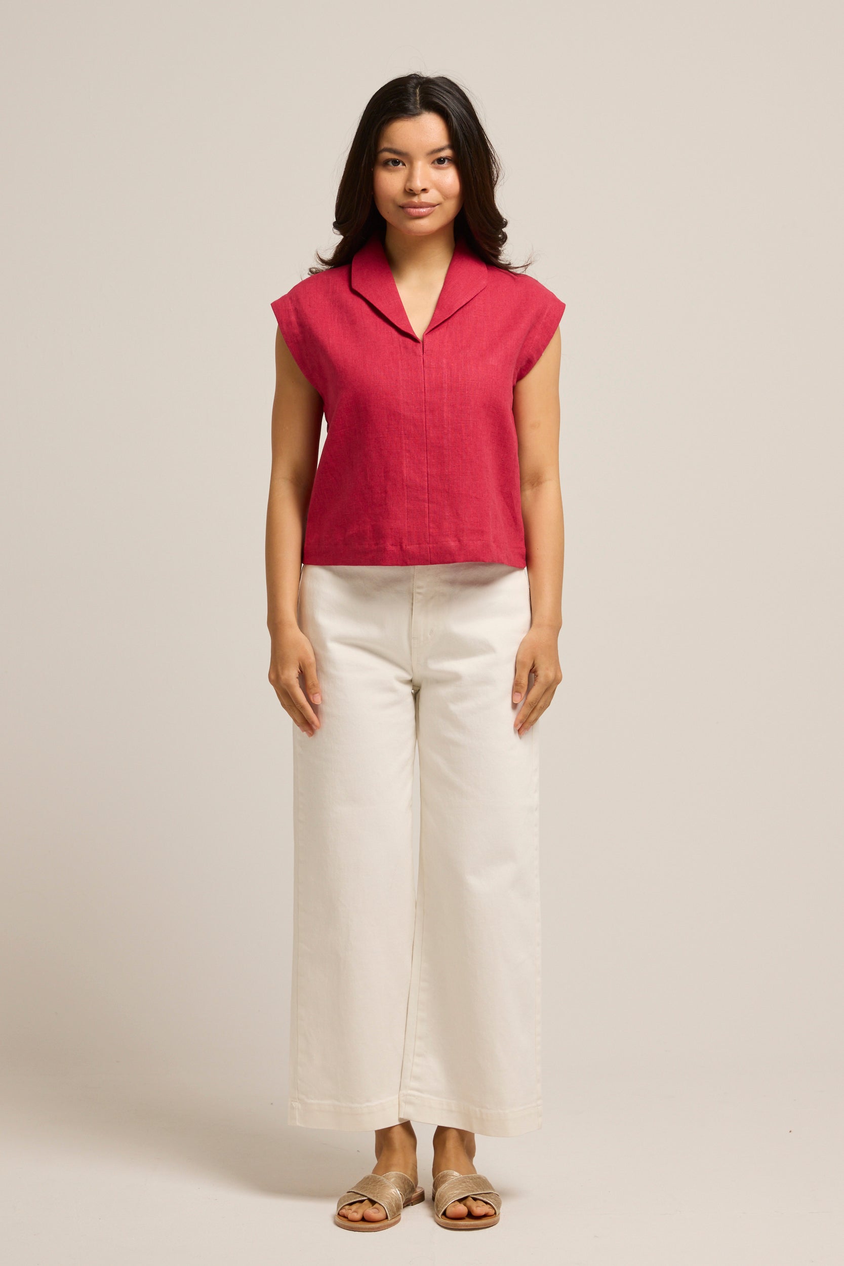 Adelaide Linen Cap Sleeve Top Crimson