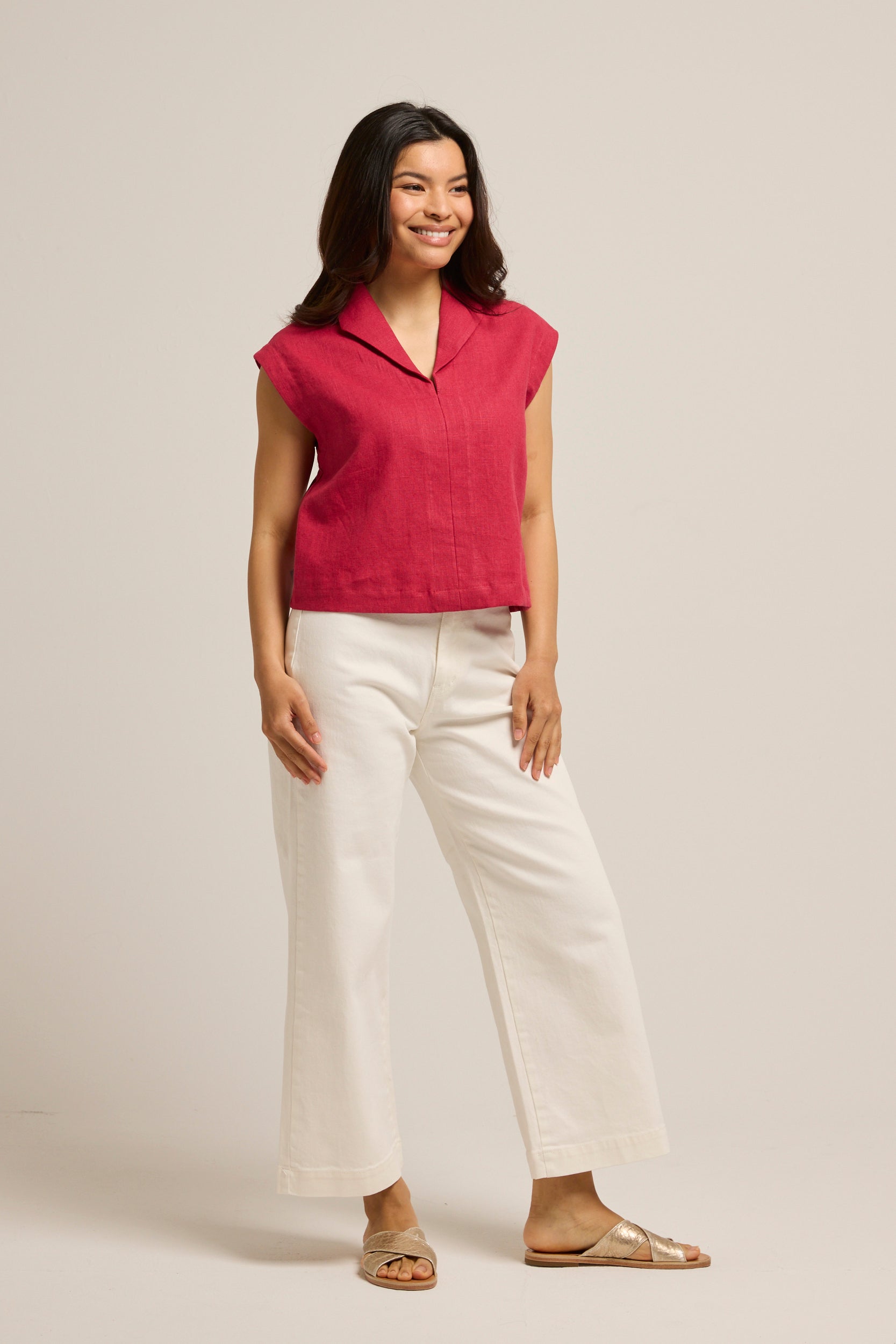 Adelaide Linen Cap Sleeve Top Crimson