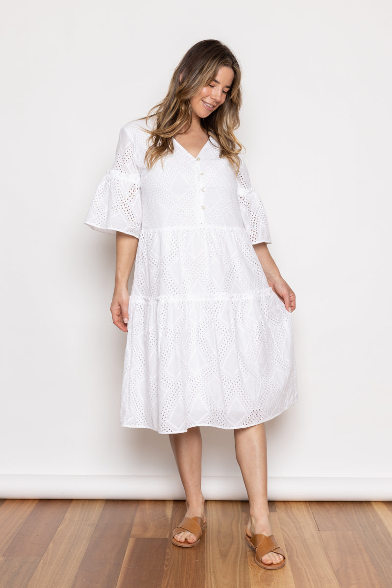 Blossom Broderie Anglaise Tiered Dress White