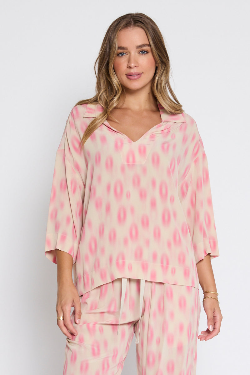Trinity V Neck Collared Print Top Natural/Pink