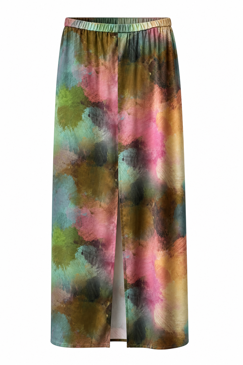 Auburn Silk Skirt in multicolour abstract print, showing front slit detail