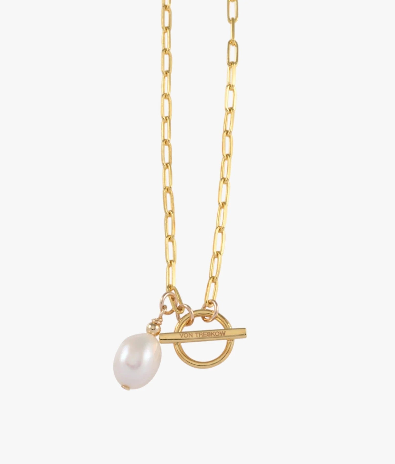 VT Yellow Gold Fine Clip Chain Necklace with Oval Freshwater Pearl