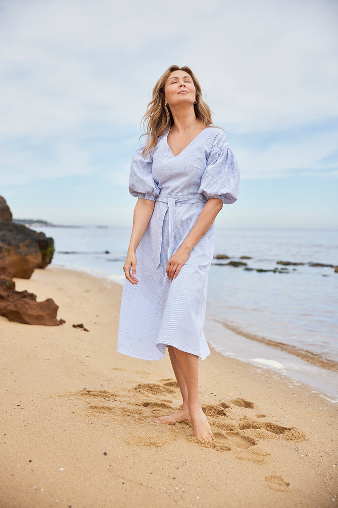 Johanna Stripe Cotton Dress Blue Ocean
