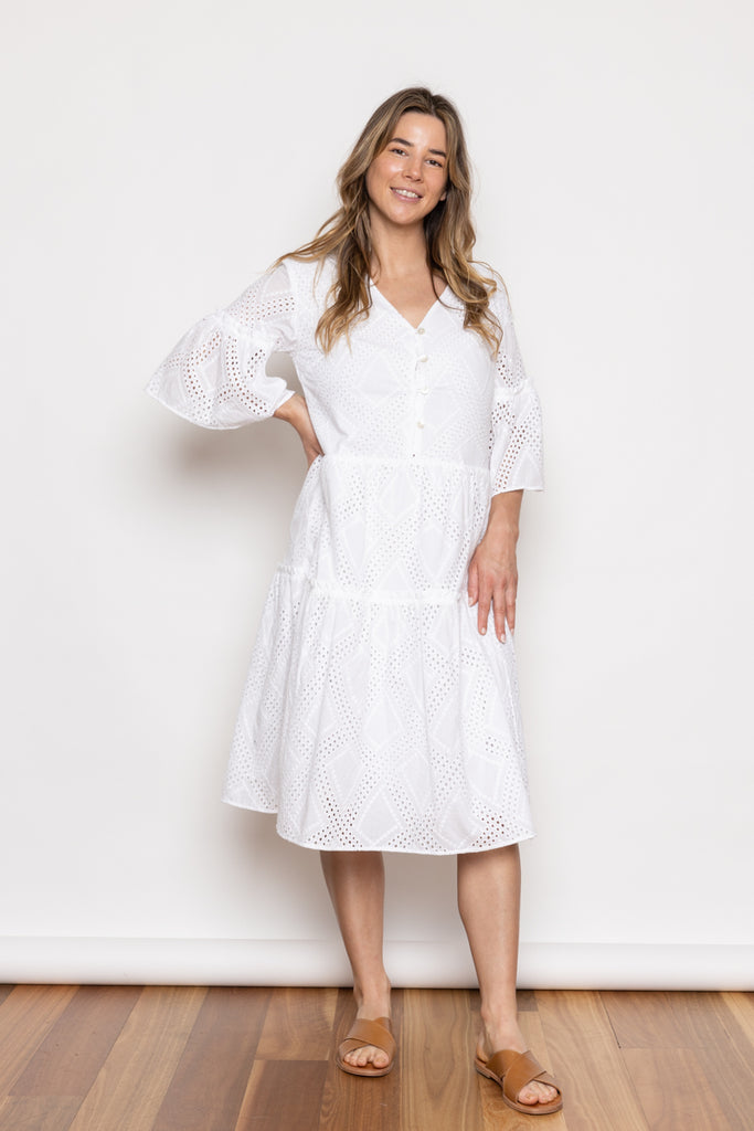 Blossom Broderie Anglaise Tiered Dress White