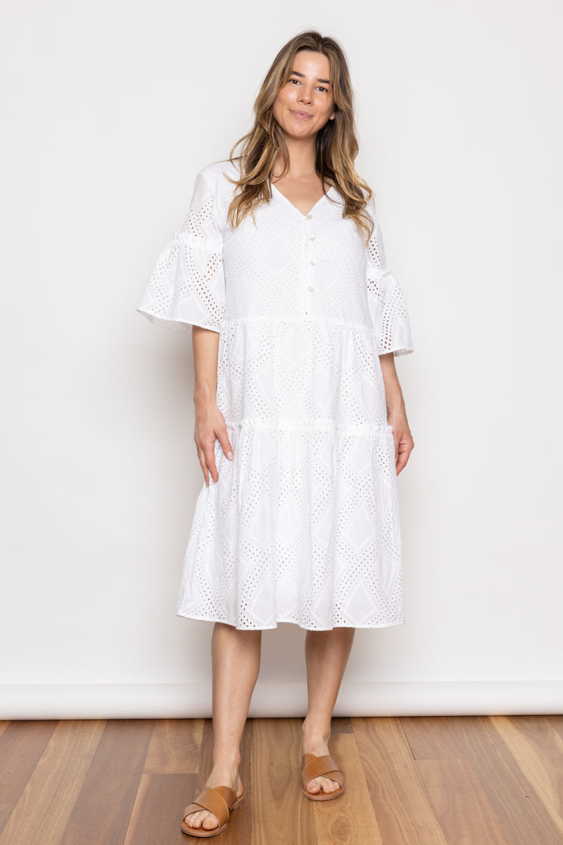 Blossom Broderie Anglaise Tiered Dress White